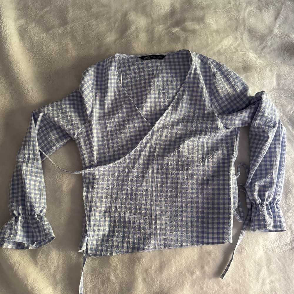 Zara Light Blue Checkered Wrap Blouse